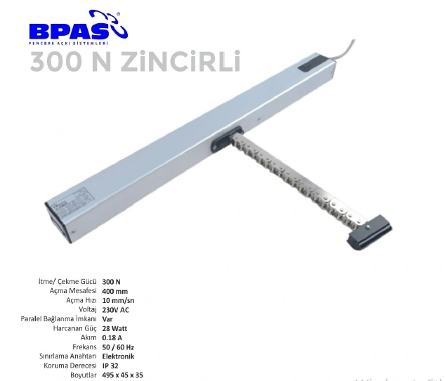 BPAS 300 N zincirli pencere motoru – alüminyum gövdeli, 300 Newton itme gücüne sahip otomatik zincirli aktüatör, duman tahliye ve havalandırma sistemleri için ideal çözüm.