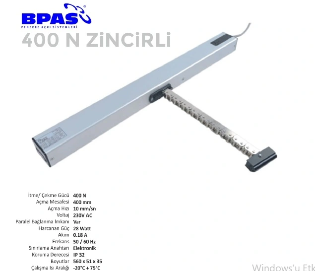 BPAS 400 N zincirli pencere motoru – alüminyum gövdeli, 400 Newton itme gücüne sahip dayanıklı zincirli aktüatör, otomatik pencere açma, havalandırma ve duman tahliye sistemleri için yüksek performanslı çözüm.