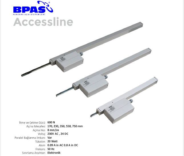 BPAS Accessline zincirli pencere açıcı motorlar – otomatik havalandırma ve duman tahliye sistemleri için dayanıklı, 24V DC lineer motor modelleri, farklı strok seçenekleriyle yüksek performanslı pencere kontrol çözümleri
