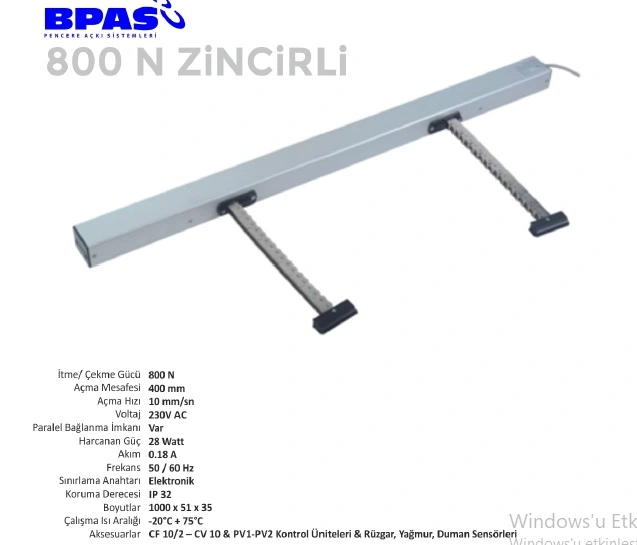 BPAS 800 N zincirli pencere motoru – alüminyum gövdeli, 800 Newton itme gücüne sahip dayanıklı zincirli aktüatör, otomatik pencere açma, havalandırma ve duman tahliye sistemleri için yüksek performanslı çözüm.”