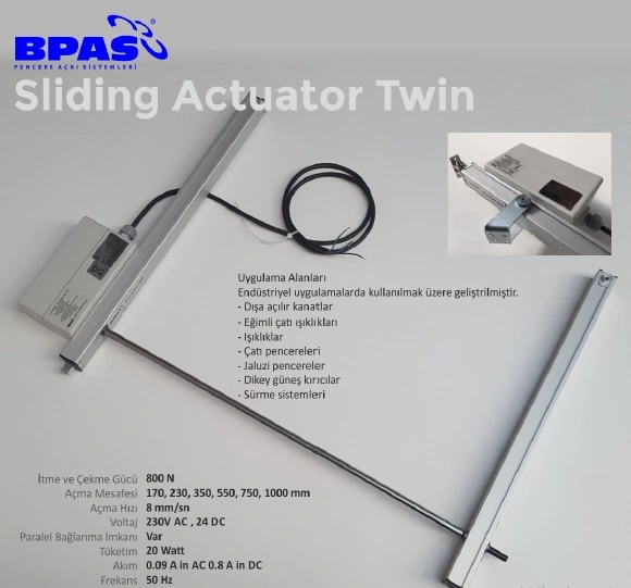 BPAS Sliding Actuator Twin endüstriyel pencere açıcı ve doğrusal motor sistemi, otomatik açma-kapama mekanizmasıyla gösterilmektedir.