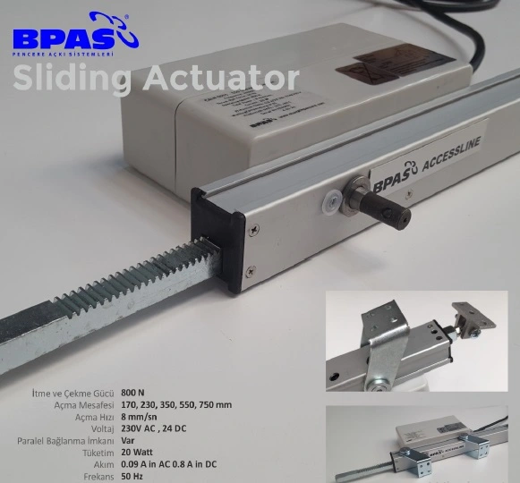 BPAS Sliding Actuator endüstriyel doğrusal motor, otomatik pencere ve havalandırma sistemleri için tasarlanmış güçlü açma-kapama mekanizması.