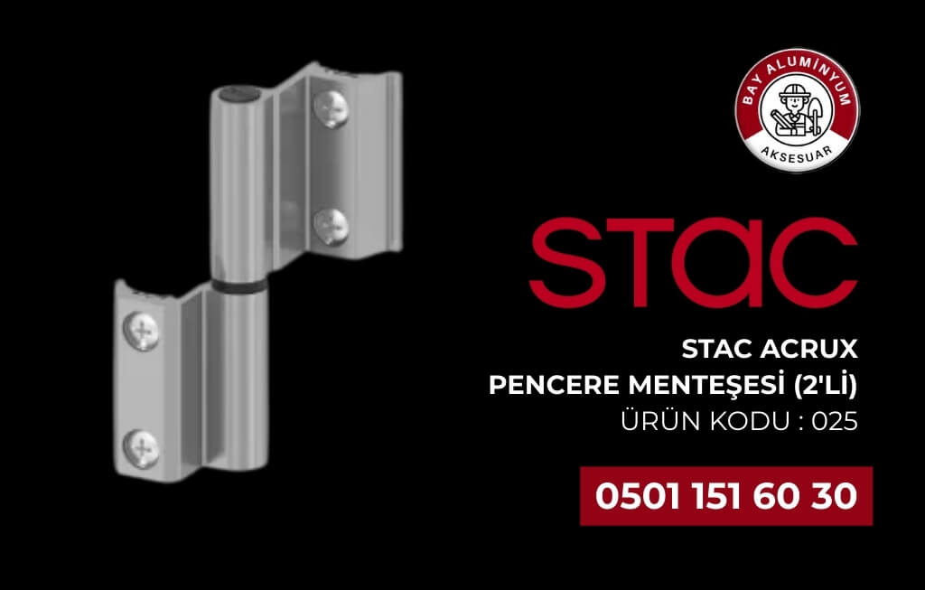 STAC Acrux Pencere Menteşesi (2’li) 025, dayanıklı yapısı ve dengeli açılım sağlayan tasarımıyla pencere sistemlerinde güvenli kullanım sunar. Kolay montaj özelliği ve uzun ömürlü performansı sayesinde profesyonel alüminyum doğrama uygulamaları için idealdir.